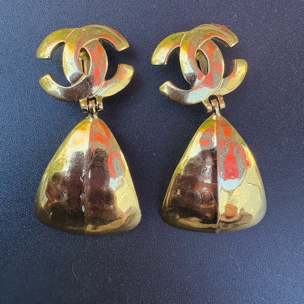 CHANEL Gold Logo Drop Earrings